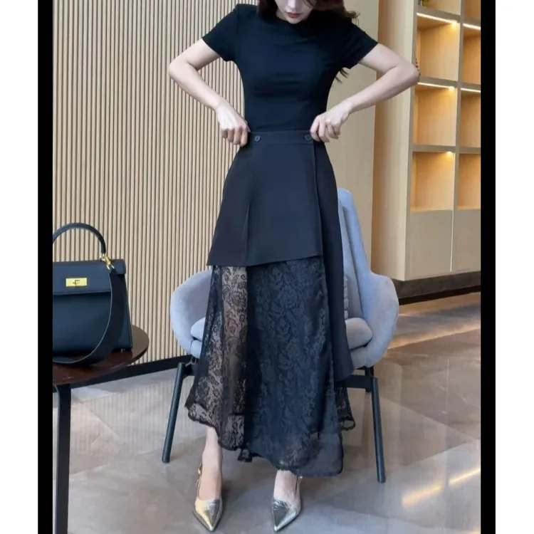 梦婷家新款不规则蕾丝拼接百搭显瘦半身裙2025新款夏季