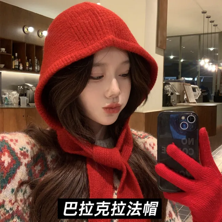 大头围巴拉克拉法帽子女秋冬新款针织连帽围脖一体保暖护耳毛线帽