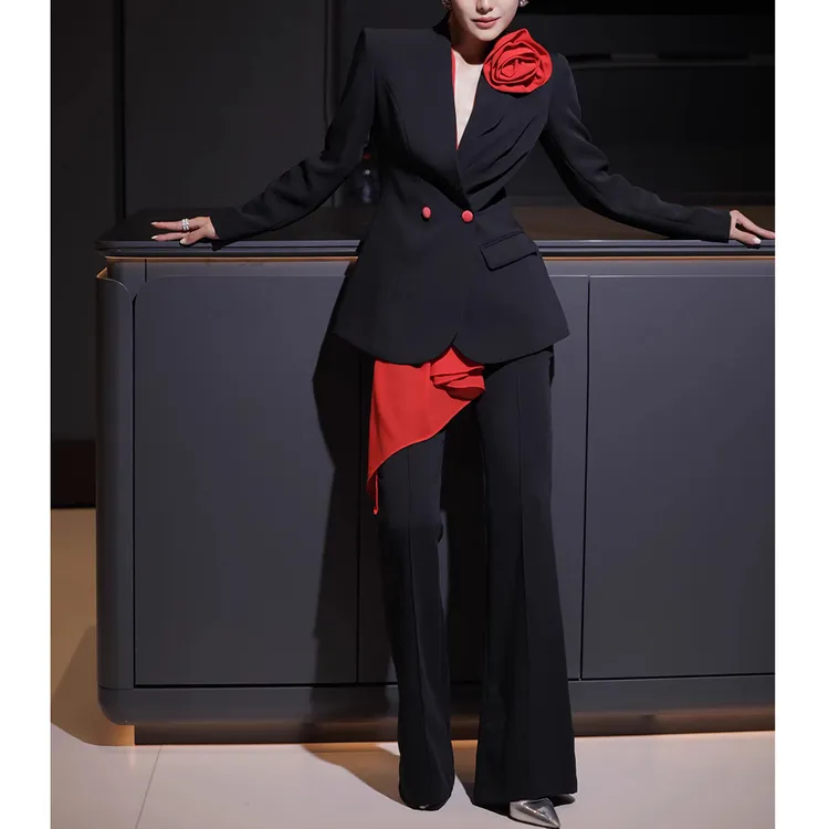 轻奢职业套装女秋季新款设计感撞色花朵飘带西服长裤两件套西装