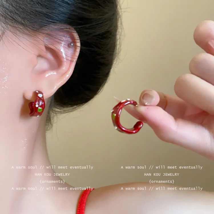 合金耳饰 复古红色滴釉锆石C型耳钉女2025新款高级感耳环气质耳饰