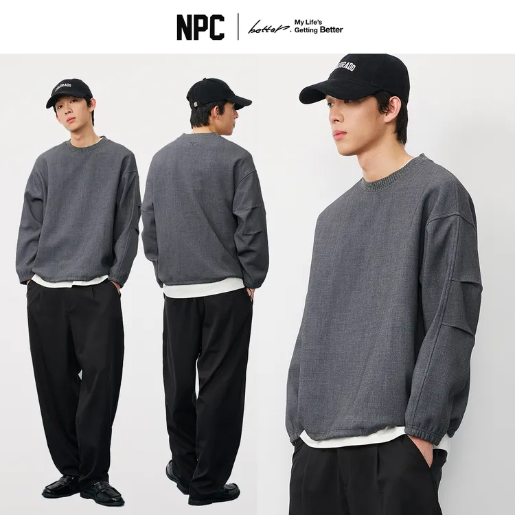 NPC潮牌袖子打褶撞色针织螺纹领口长袖卫衣男圆领休闲NP58ST22