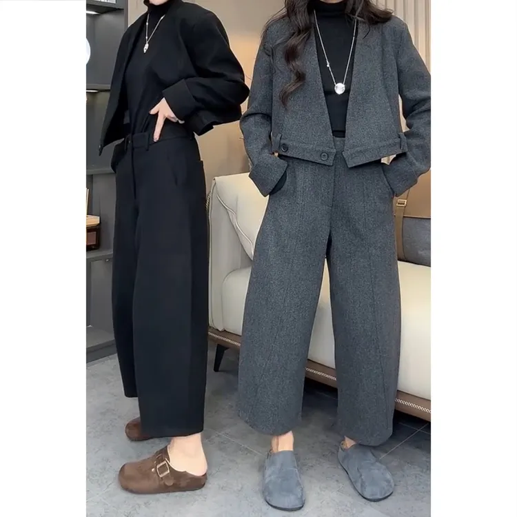 艾塔莉秋冬女洋气休闲裤纯色长袖短外套显瘦加厚款轻熟风时尚套装