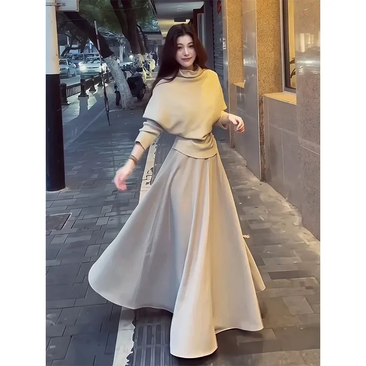 依二一法式时尚气质荡领长袖针织上衣+高腰显瘦半身裙两件套6030