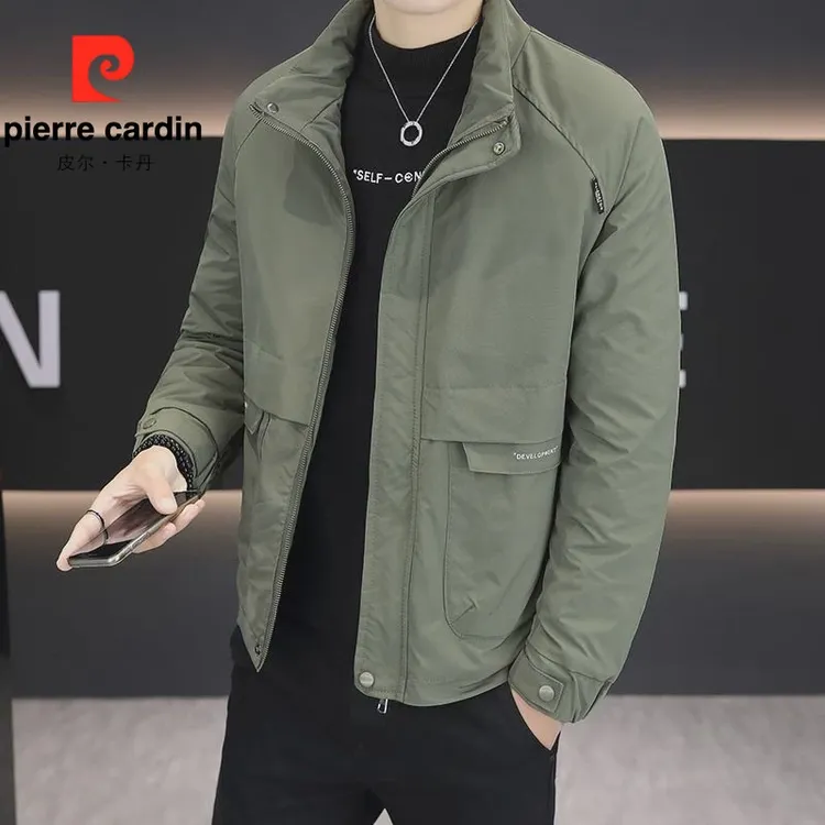 皮尔卡丹立领工装夹克男士秋冬季潮流纯色高级感加棉加厚保暖外套