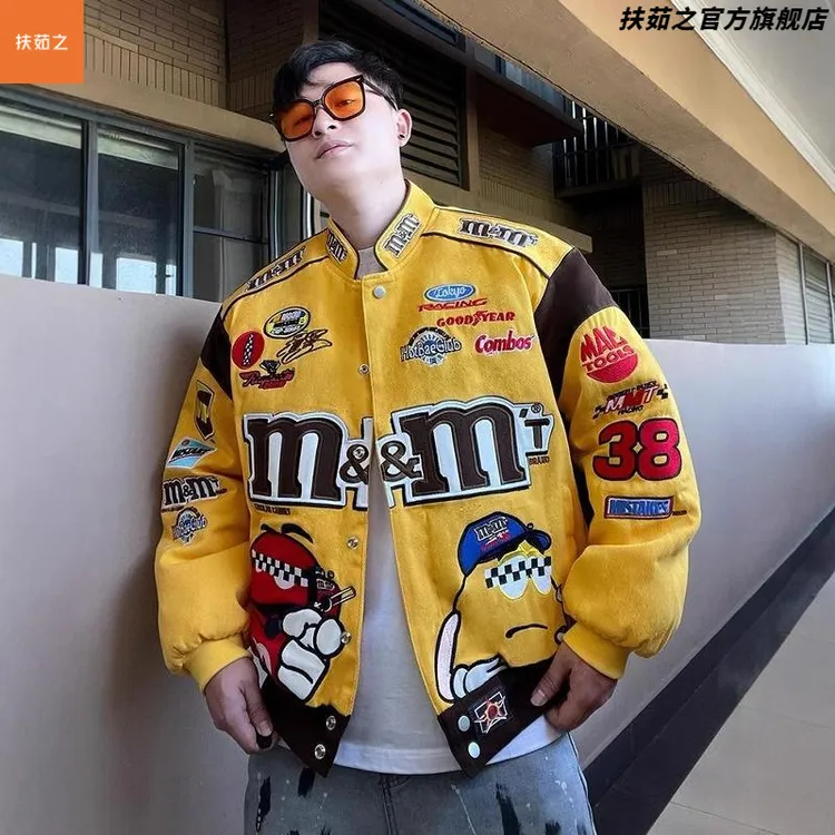 特大码300斤美式M豆刺绣机车服夹克男装秋冬季ins潮牌棒球服外套2