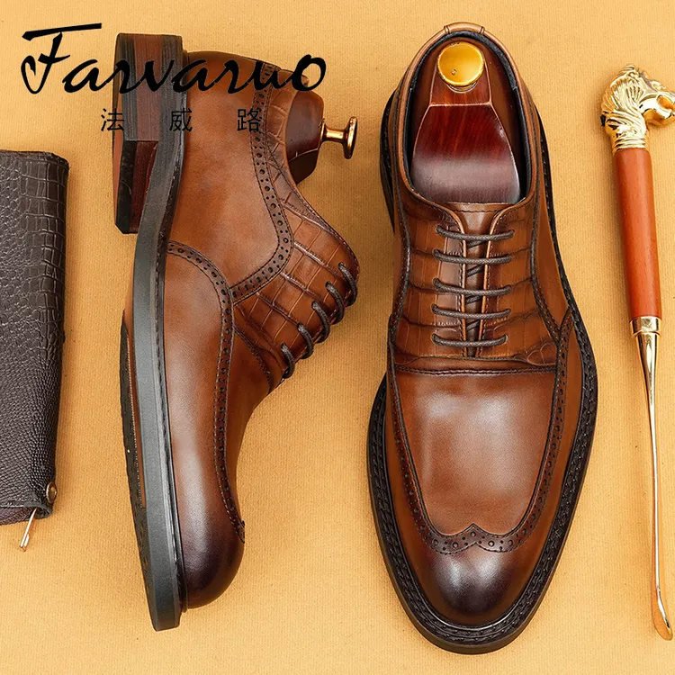 布洛克雕花皮鞋男2025新款真皮商务正装鳄鱼纹压花尖头白领牛津鞋