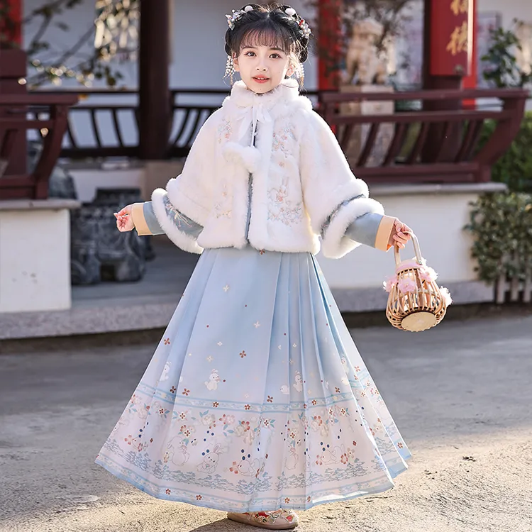 汉服女童冬装2025新款儿童古装冬季马面裙套装加绒女孩唐装拜年服