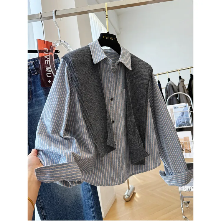 大码女装胖mm240斤带披肩条纹长袖衬衫女秋季巨好看休闲减龄上衣