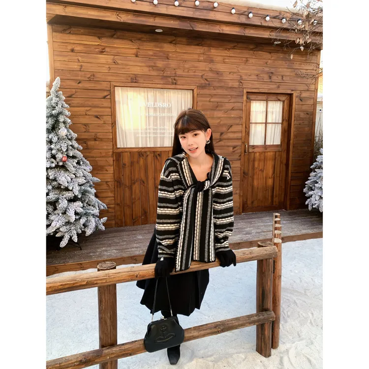 赵小小【悉尼海岸】9576 韩系复古条纹毛绒外套针织披肩保暖上衣女