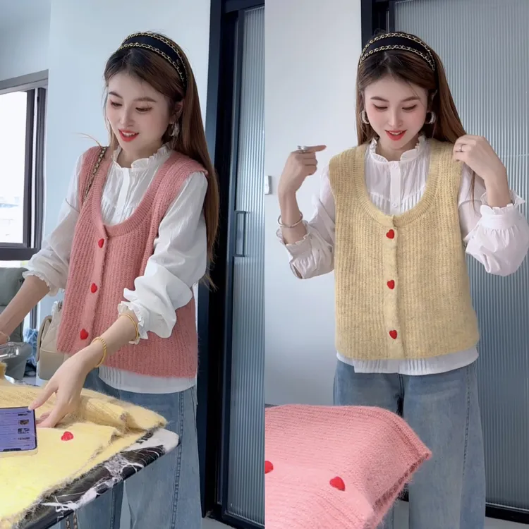 韩系短款爱心扣开衫马甲毛衣针织衫女新款春秋叠穿坎肩背心上衣潮