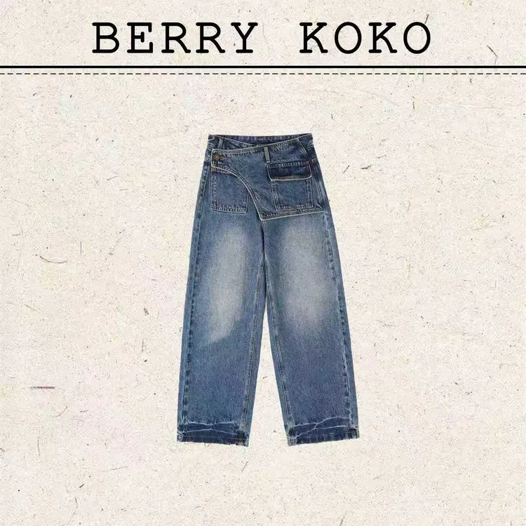 【MISSKO】早秋款假2件复古擦色工艺直筒牛仔长裤时尚做旧裤子 K13