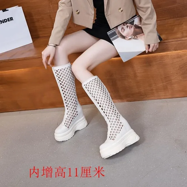 新款松糕真皮洞洞孔凉靴马丁靴子女靴粗高跟瘦瘦靴女骑士靴夏季