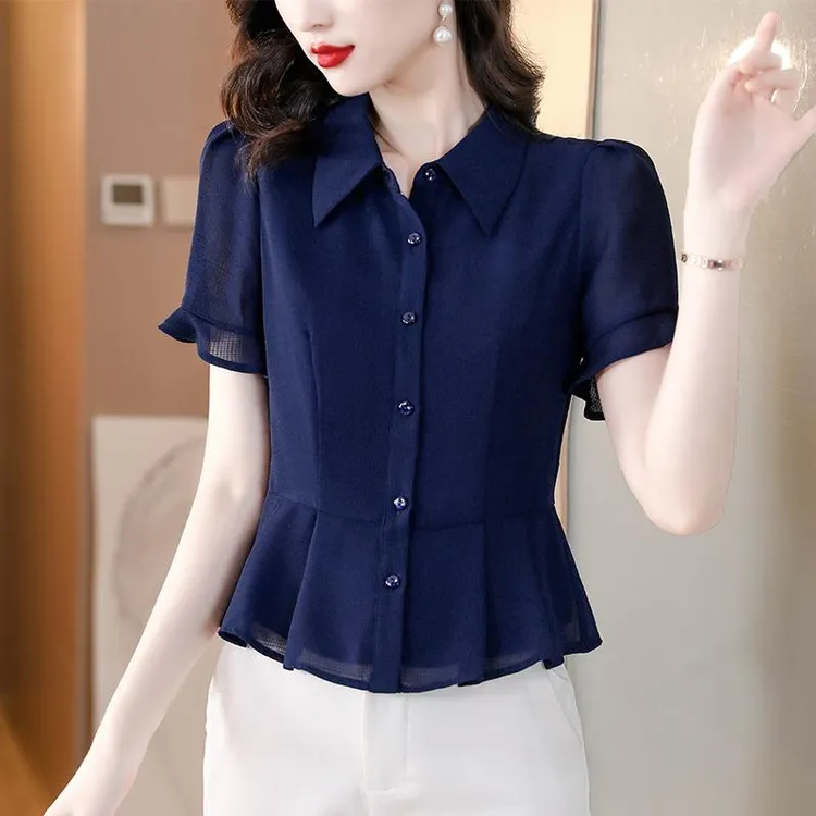 气质翻领短袖雪纺衬衫女士短袖夏季2025年新款遮肚子短款卡腰小衫
