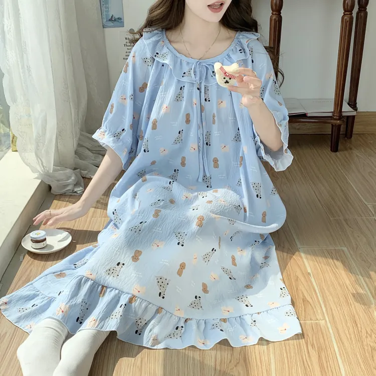 280斤云朵棉大码睡衣女宽松甜美短袖国风睡裙带胸垫夏天2025家居