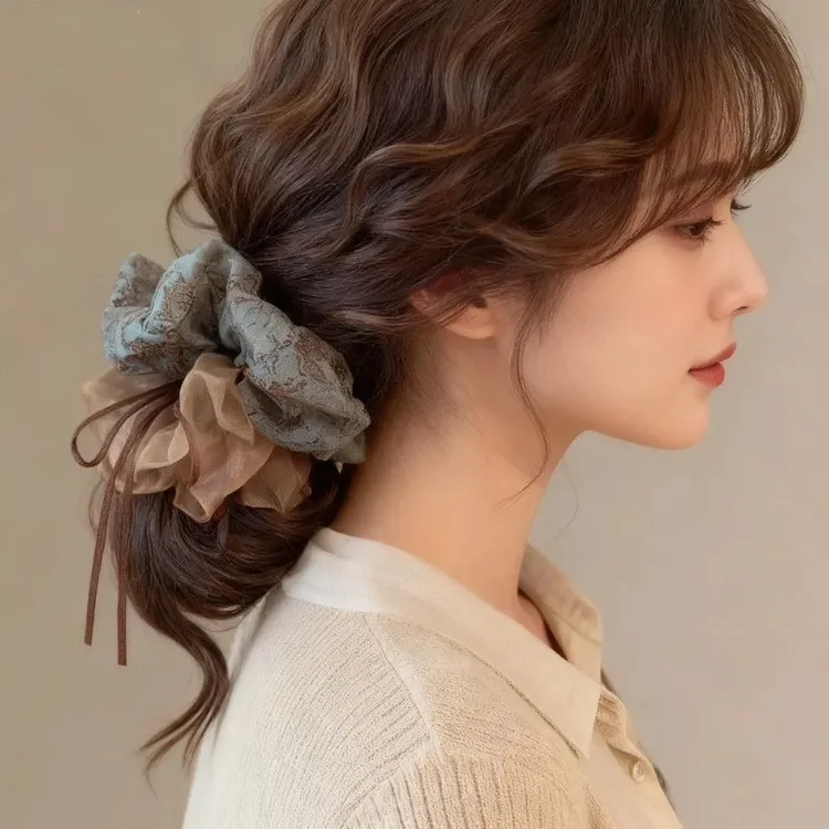 复古新款碎花面纱双层大肠气质发圈丸子高级感低马尾发绳发饰头花