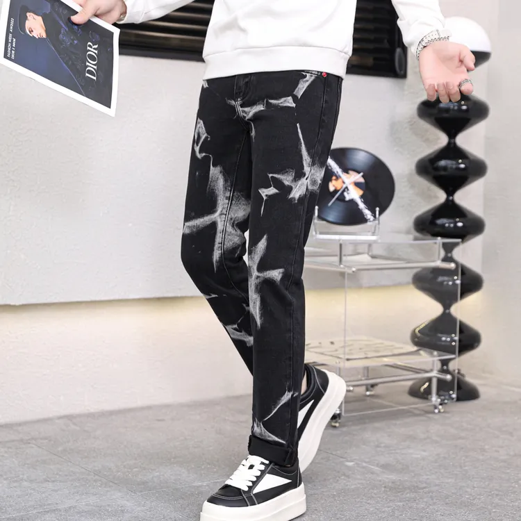 秋季新款男士修身欧版水洗百搭牛仔裤印染剪裁长裤2298