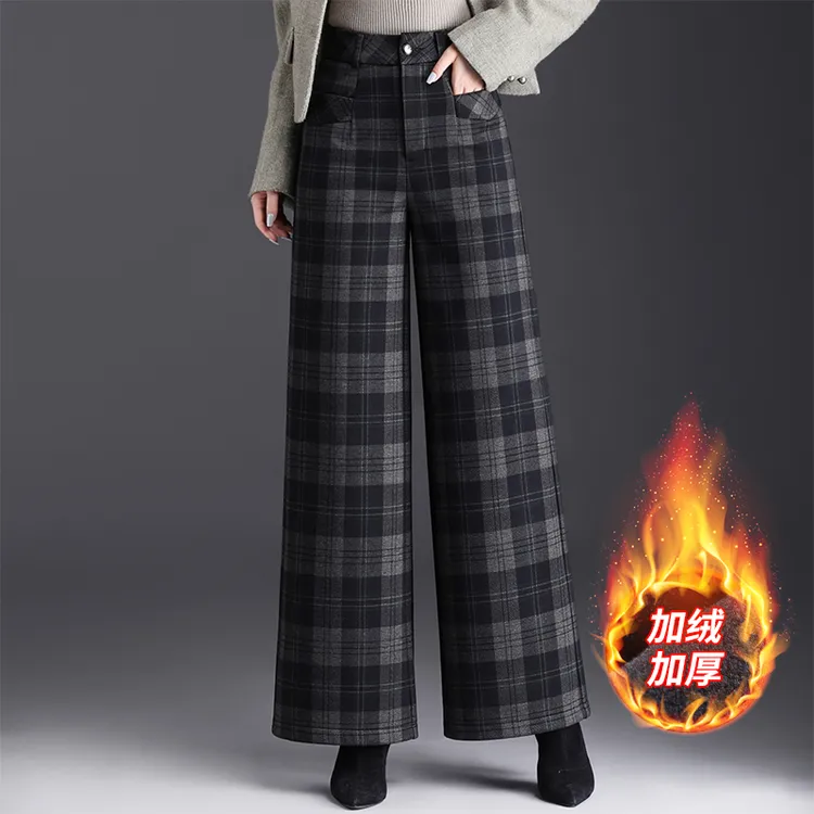 保暖加绒冬季直筒格纹休闲裤女高腰遮胯加厚中老年时尚毛呢阔腿裤