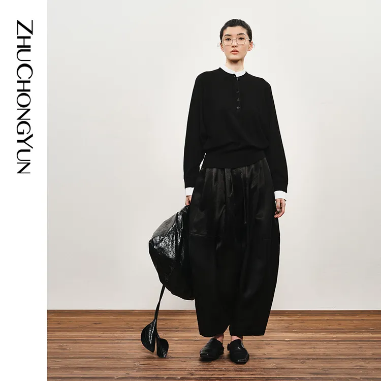 ZHUCHONGYUN2025秋新款时尚简约假两件立领针织长袖上衣C1FZ3807M