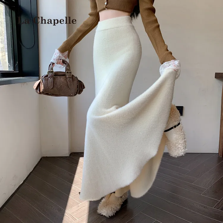 拉夏贝尔加厚针织中长款半身裙女秋冬高腰鱼尾包臀设计感休闲裙子
