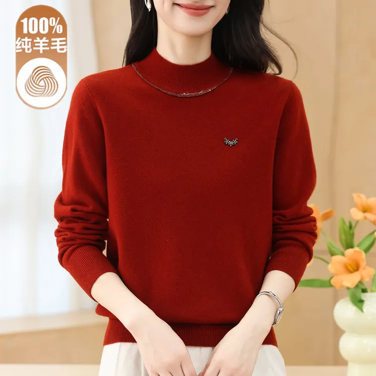 时尚妈妈100%纯羊毛衫女半高领烫钻毛衣内搭宽松针织羊毛打底衫