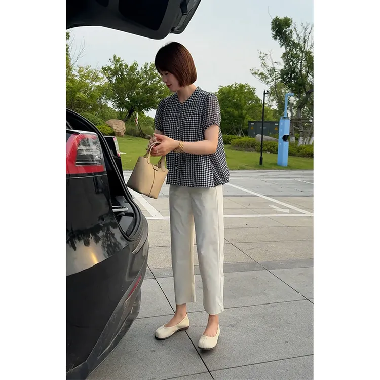 韩版夏装设计感一整套轻熟风穿搭宽松格子衬衫上衣显瘦九分裤套装