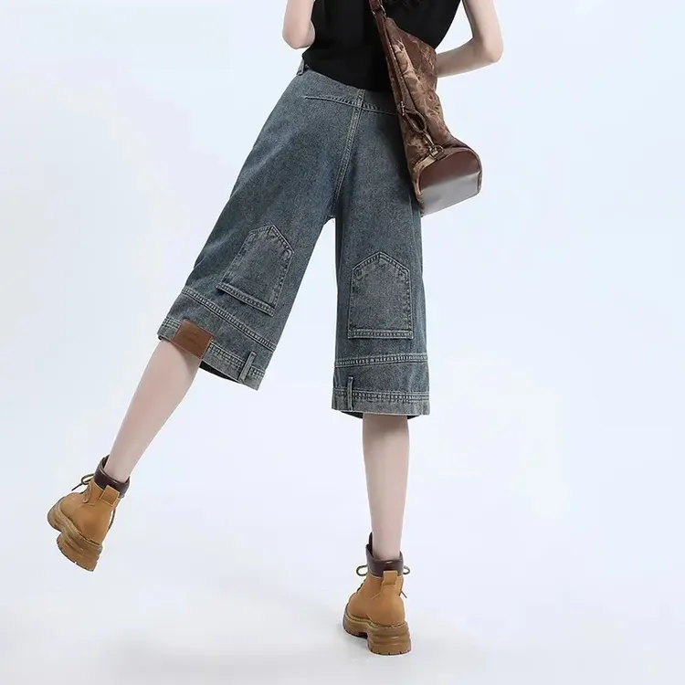 倒装反穿牛仔短裤女夏季薄款设计感宽松显瘦小个子美式过膝六分裤