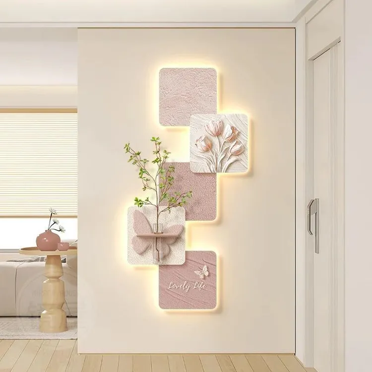 原木奶油风玄关装饰画水培绿植花卉走廊过道正对门挂画高级感壁灯