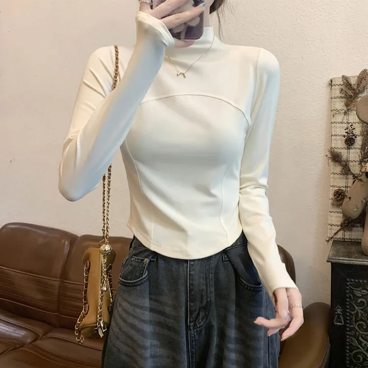 半高领保暖正肩鱼骨修身t恤女秋冬经典白色长袖设计感打底衫上衣