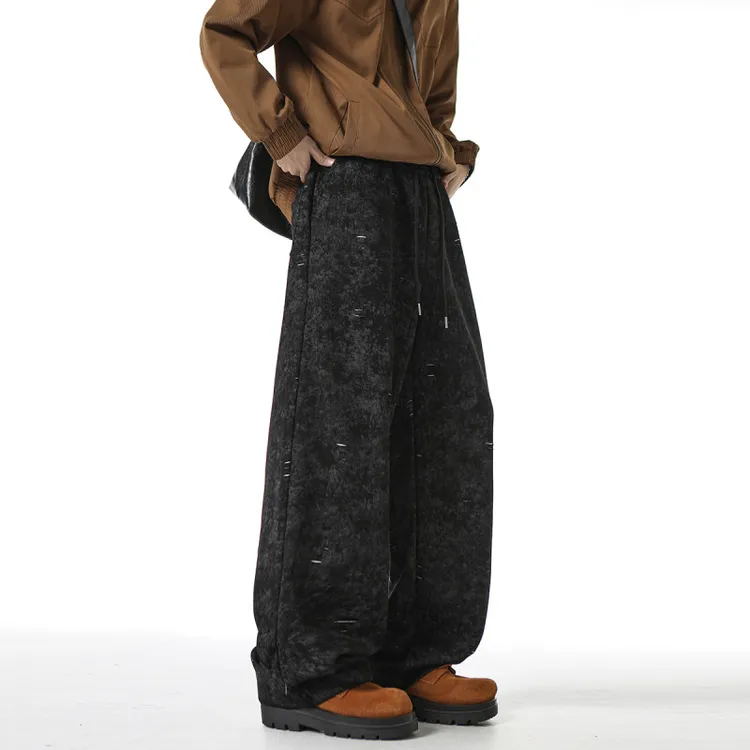 抽绳直筒弯刀裤迷彩松紧卫裤2025新款秋冬学院风男士宽松百搭长裤