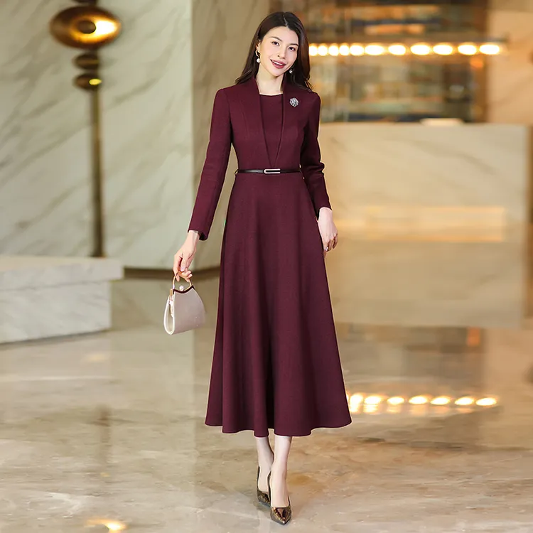 安哥拉红连衣裙女2025春季新款喜婆婆喜妈妈加厚毛呢长裙加厚裙子