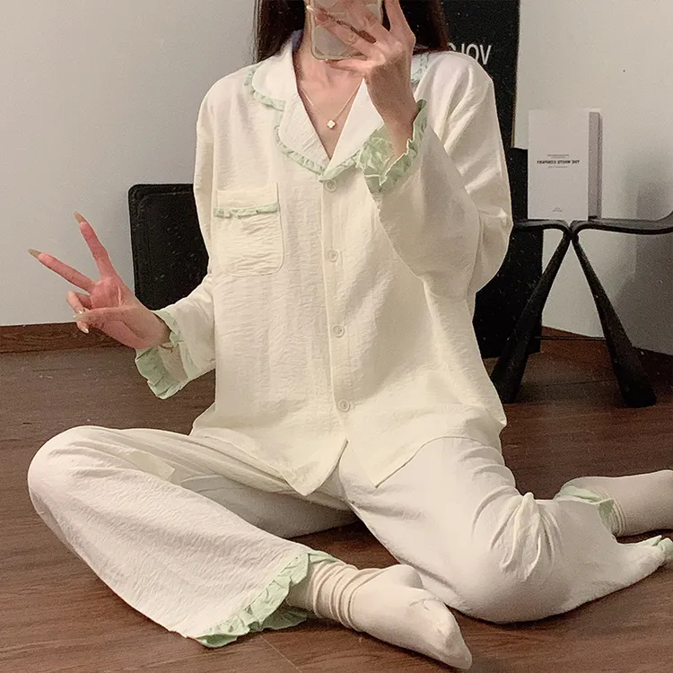 春季新款云朵棉纯色简约长袖开衫睡衣女生休闲舒适学生少女家居服