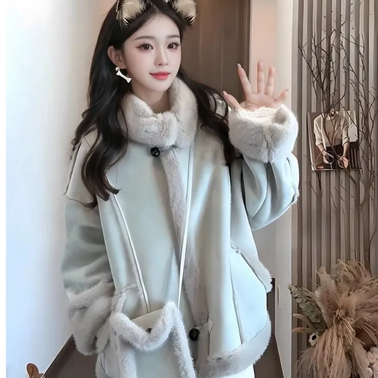 加绒加厚毛毛外套女短款2025新款冬季韩版宽松立领机车风休闲大衣