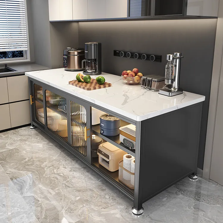 岩板厨房置物柜落地多层餐边推拉门橱柜锅多功能收纳储物柜子