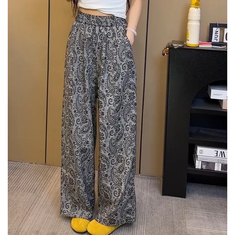 高腰提花洋气阔腿裤休闲裤花裤子夏季薄款时尚显瘦韩版松紧腰长裤