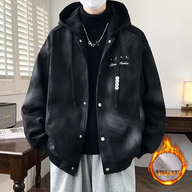 痞帅连帽刺绣夹克男士加绒加厚宽松潮流外套青少年冬季鹿皮绒棉衣