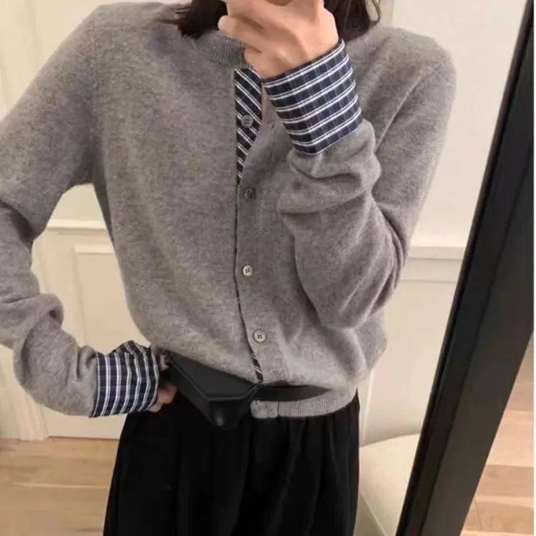撞色格子拼接设计感长袖针织开衫女秋季圆领单排扣毛衣外套上衣