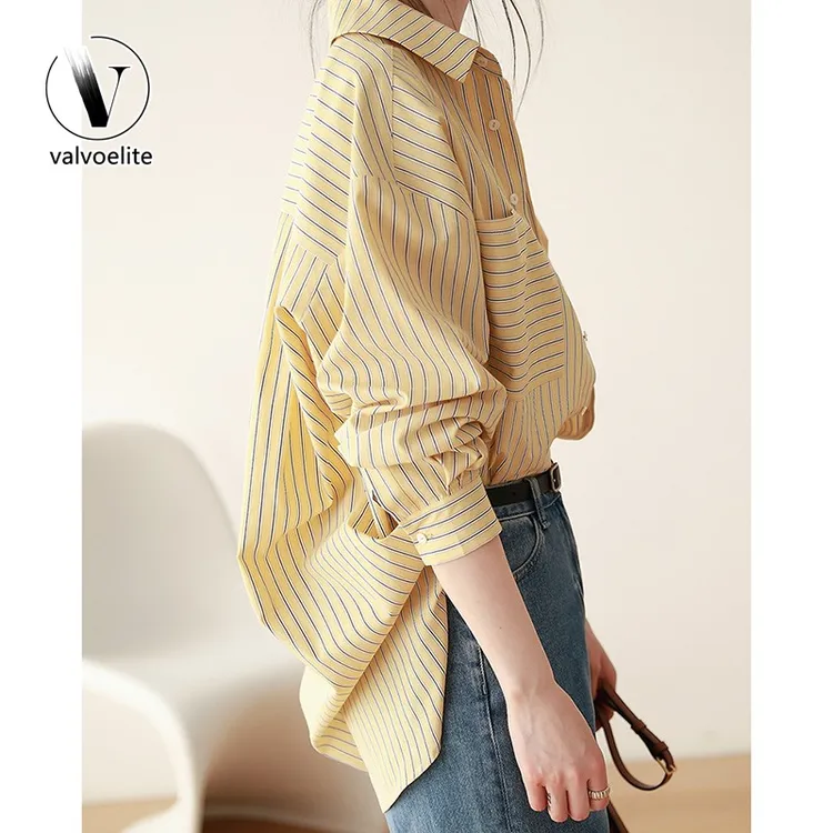 VALVOELITE女装时尚法式宽松慵懒风黄色条纹衬衫上衣中长版设计感