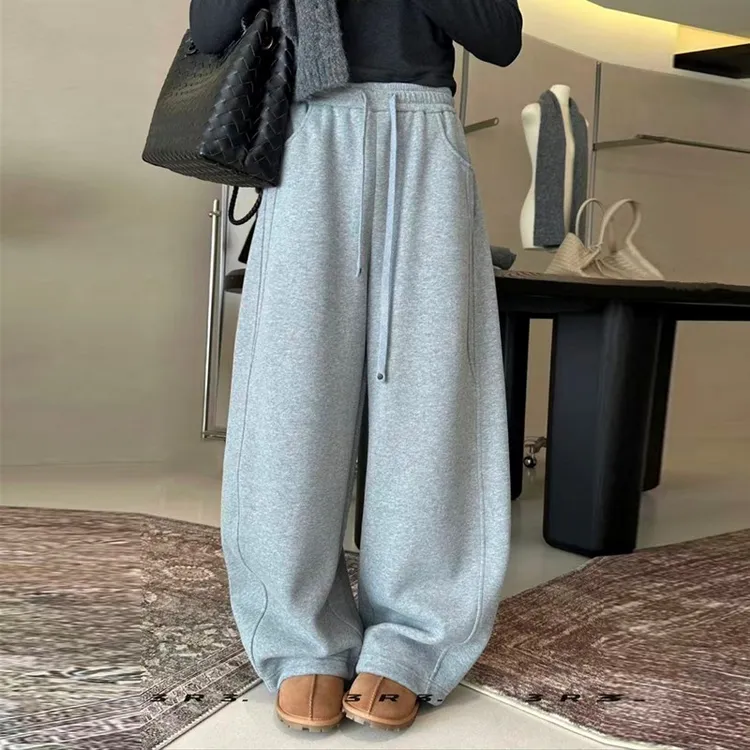 2025炸街潮款灰色加绒裤子秋冬款女宽松运动卫裤厚两穿抽绳阔腿裤