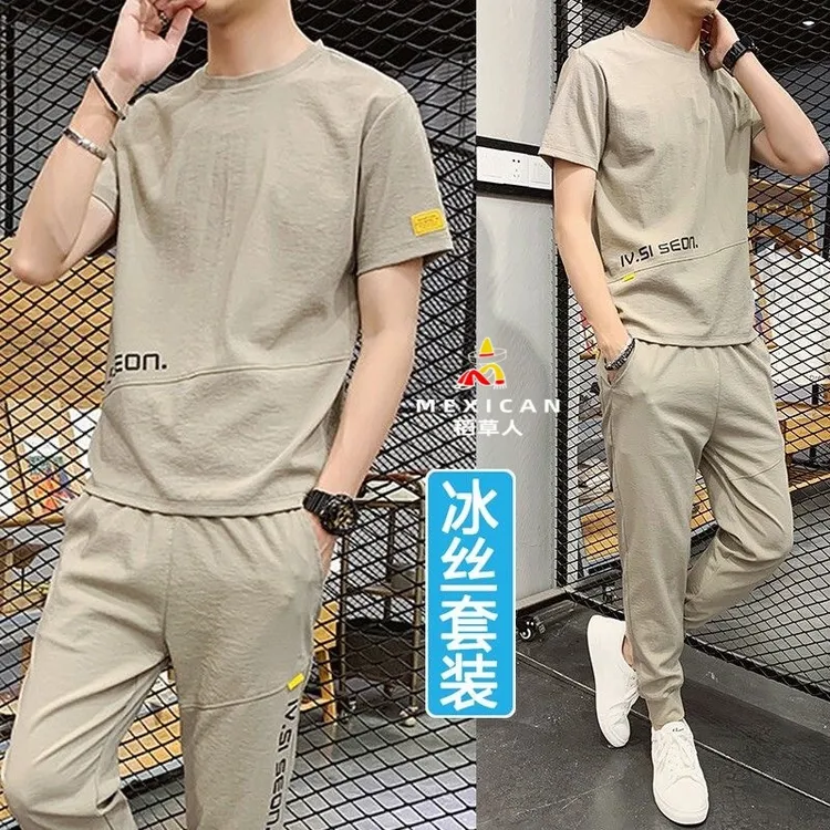 稻草人夏季冰丝速干潮流套装男士短袖T恤长裤时尚潮轻奢痞帅男装