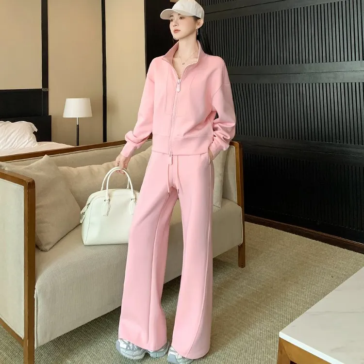 粉色立领外套阔腿裤两件套女秋季新款时尚减龄慵懒风休闲运动套装