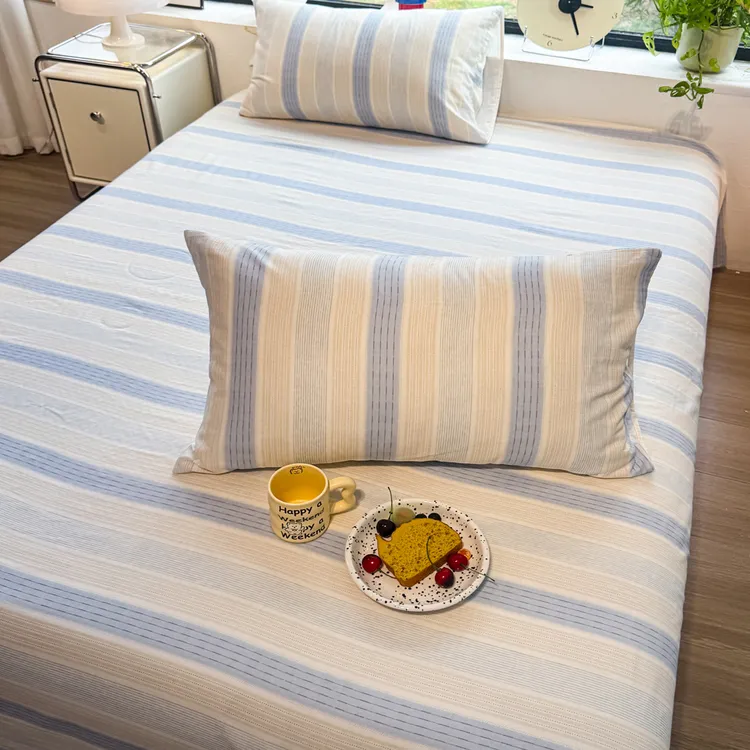 A类清新蓝色条纹纯棉100%全棉双层纱床单单件2025新款床笠三件套