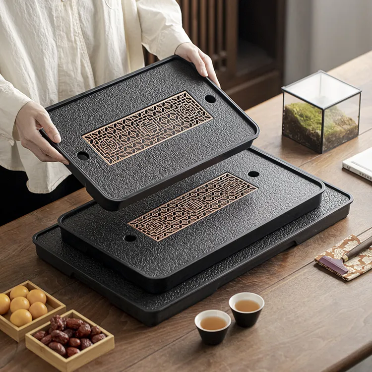 茶具茶盘家用茶托盘轻奢现代小型干泡台仿乌金石茶海长方形排水盘商品图