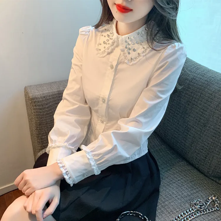 白色衬衫女春秋重工镶钻收腰显瘦长袖衬衣设计感小众修身外穿上衣