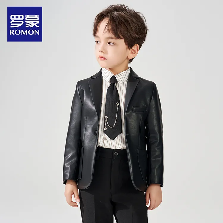 罗蒙儿童西装套装男童皮衣外套新款痞帅小男孩西服花童礼服演出服