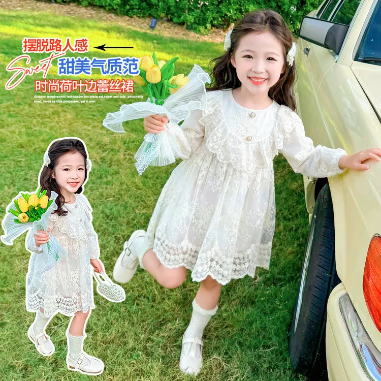 【童涵】女童荷叶边蕾丝裙春秋款2025新款洋气时髦儿童女宝宝公主连