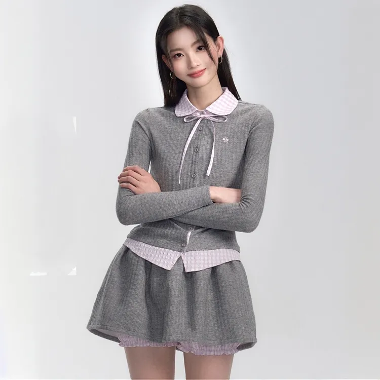 韩系学院风粉灰格假两件针织衫套装女春季修身显瘦半身裙两件套