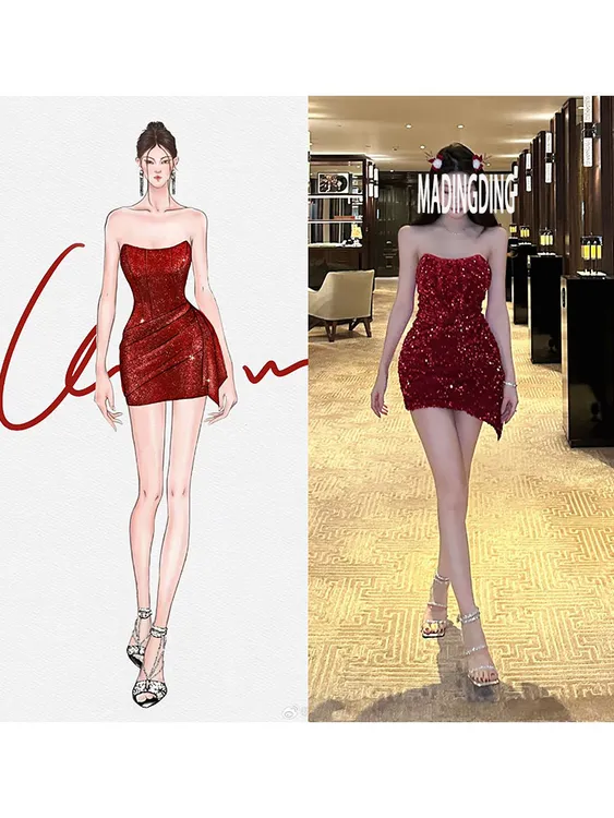 Chiiil巧儿 圣诞月 美神降临！红色亮片抹胸连衣裙收腰包臀丝绒裙