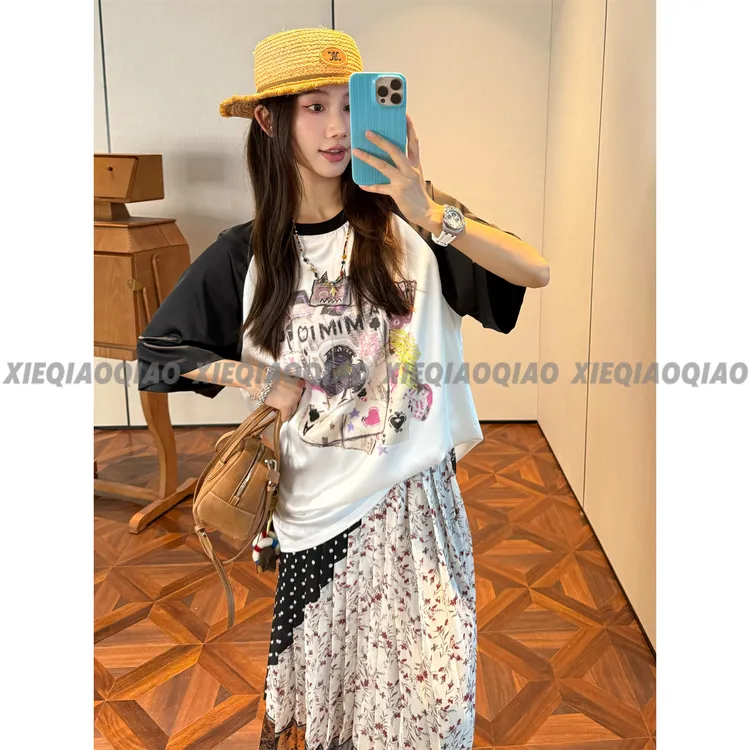 谢荞荞「扑克机器人」夏季新款设计师款撞色插肩袖短袖百搭T恤