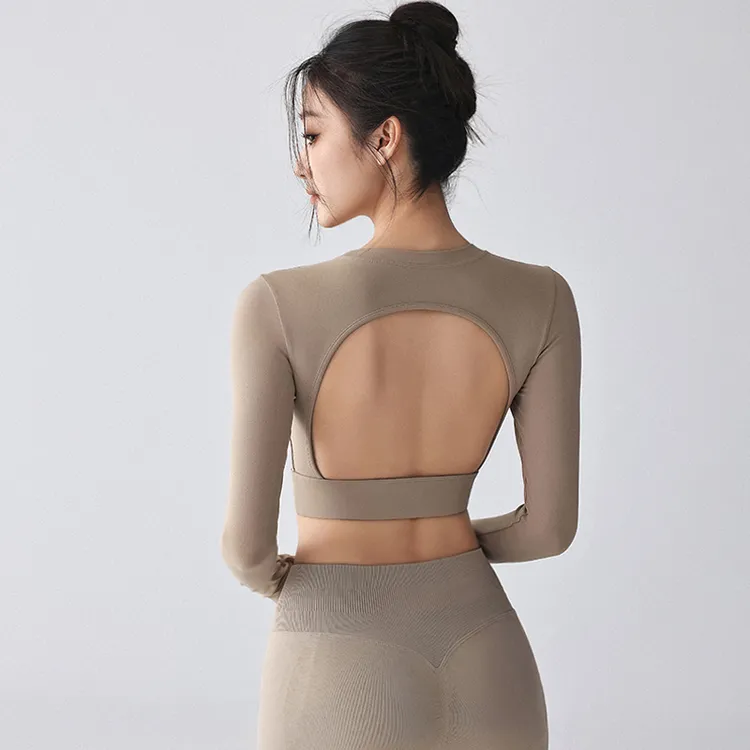 瑜伽长袖女秋季新款带胸垫美背速干跑步运动T普拉提训练健身上衣