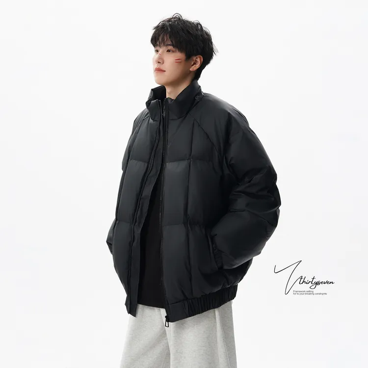 V37美式高级感咖色格子皮棉服外套男秋季潮牌痞帅情侣款立领棉衣